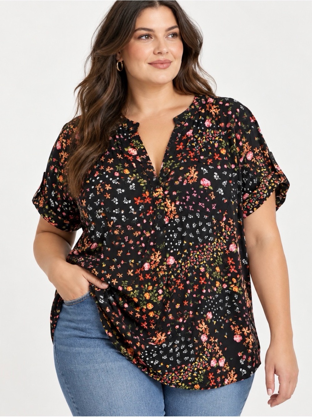 Torrid Harper Floral Rayon Blouse Black Size 1 1X